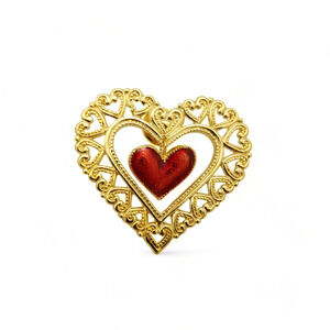 Vintage Avon Brooch Gold Tone Heart Dangling Red Enamel Heart Filigree Open Work